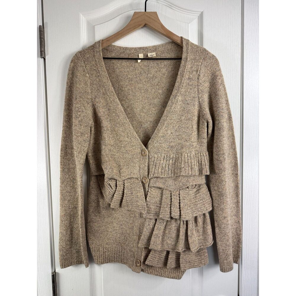 Moth Anthropologie Beige Wool Ruffle Button Front Cardigan Sweater Women's S